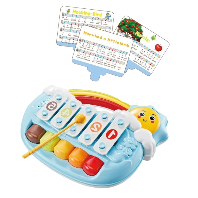 Blaues Kinderspielzeug-Klavier mit Sonnenmotiv