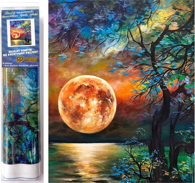 Diamantmalerei Farbvoller Vollmond über dem See