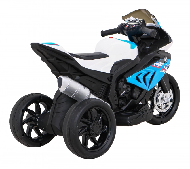 BMW HP4 Kinder Motorrad mit Batterie Blau + 3 Räder + LED + MP3 USB + Öko-Leder