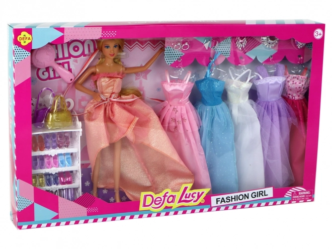 Puppe für Kinder Lange blonde Haare Kleiderschrank Schuhe Kleider Zubehör Rosa