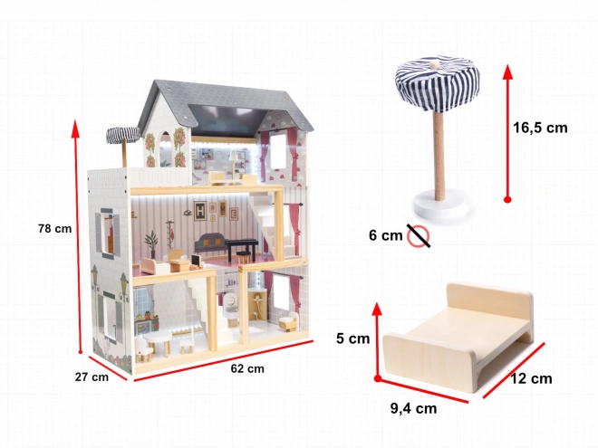 Holzpuppenhaus mit Möbeln und LED-Beleuchtung