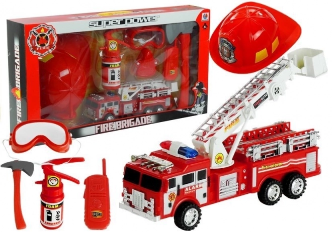 Feuerwehrmann-Spielset mit Feuerwehrauto, Helm und Feuerlöscher