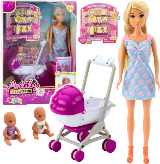 Puppe Anlily mit Kinderwagen und zwei Kindern