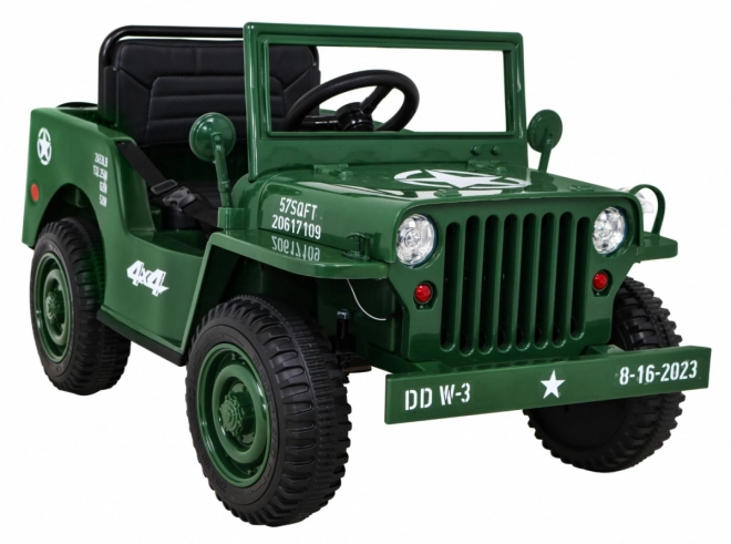 Retro Militärfahrzeug für Kinder grün + Allradantrieb 4x4 + Fernsteuerung + 2 Gepäckträger + langsamer Start + MP3 LED