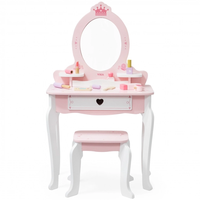Viga großes Holz-Toilettenmöbel weiß-rosa mit Spiegel und Stuhl