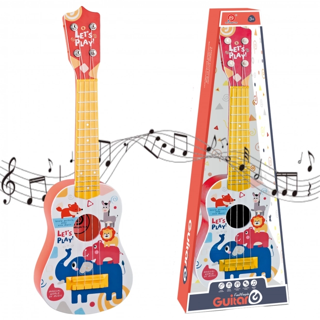 Klassische rote Kindergitarre mit Tiermotiv