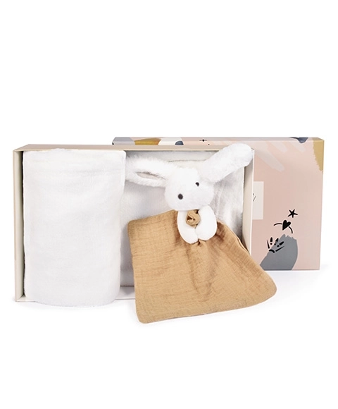 Doudou Geschenkset Glücklicher Hase Schnuffeltuch und Decke