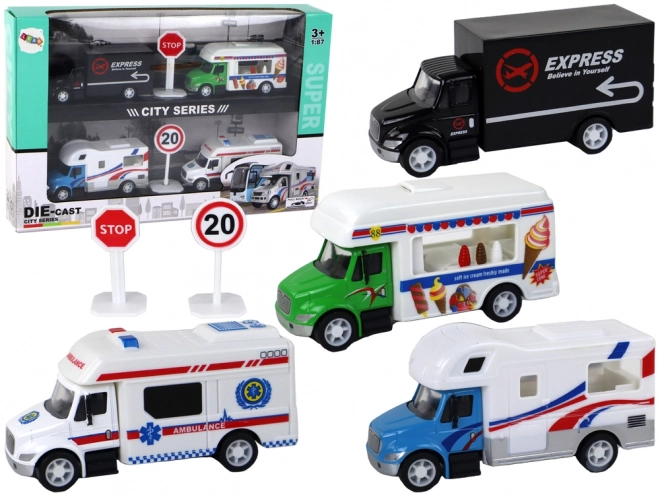 Set aus Wohnmobil, Lkw, Rettungswagen und Eisdiele mit Friktionsantrieb 1:87