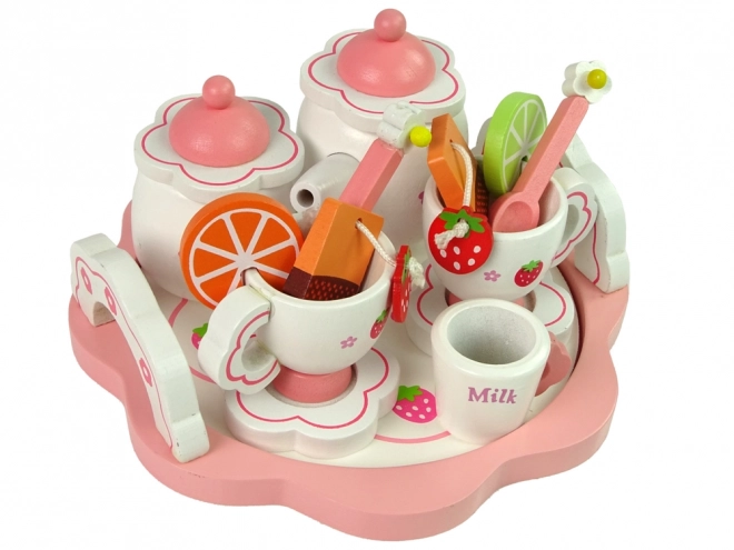 Holztee-Set für Kinder mit rosa Blumenmotiv