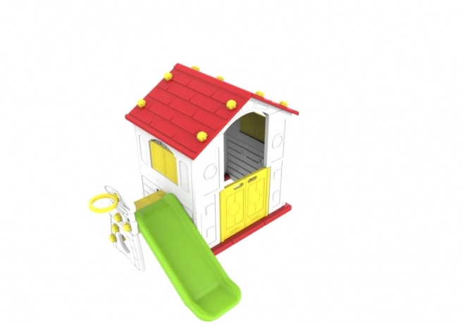 Kindergartenhaus mit rotem Dach, Rutsche und Basketball