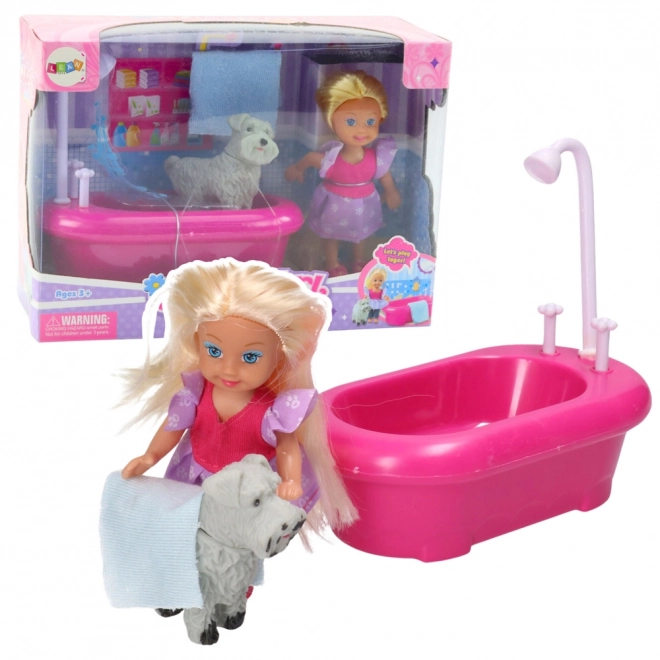 Mini Set Puppe mit Badewanne und weißem Hündchen