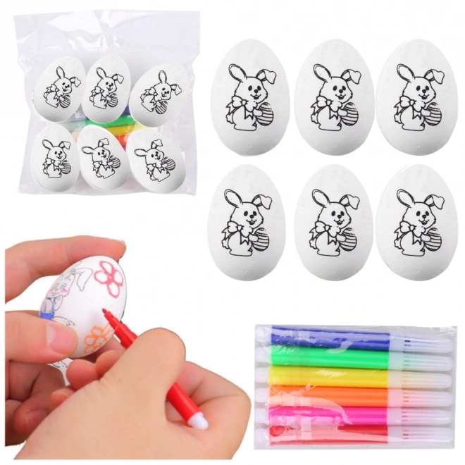 Styroporeier mit Hase-Muster zum Bemalen 6er-Set mit Filzstiften
