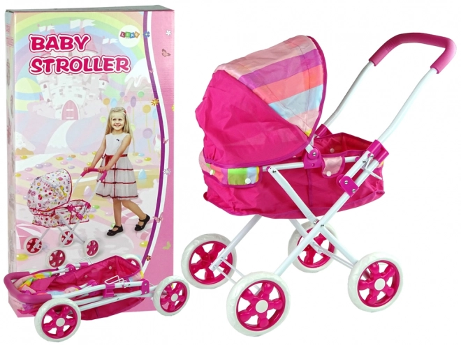 Puppenbuggy Rosa mit Bunt gestreiftem Verdeck