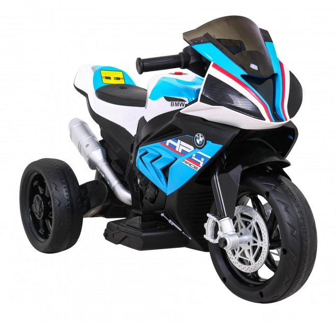 BMW HP4 Kinder Motorrad mit Batterie Blau + 3 Räder + LED + MP3 USB + Öko-Leder