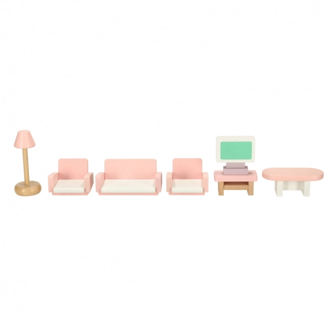 Puppenhausmöbelset für Wohnzimmer, Schlafzimmer, Badezimmer und Küche, aus Holz, rosa