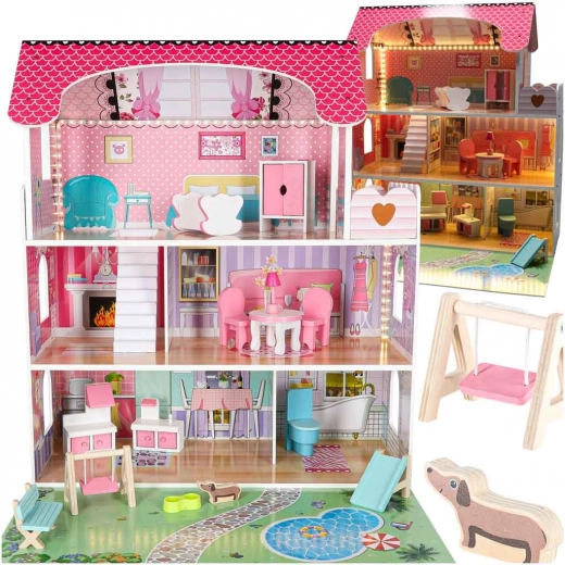 Holzpuppenhaus mit LED-Beleuchtung und Garten 70 cm rosa