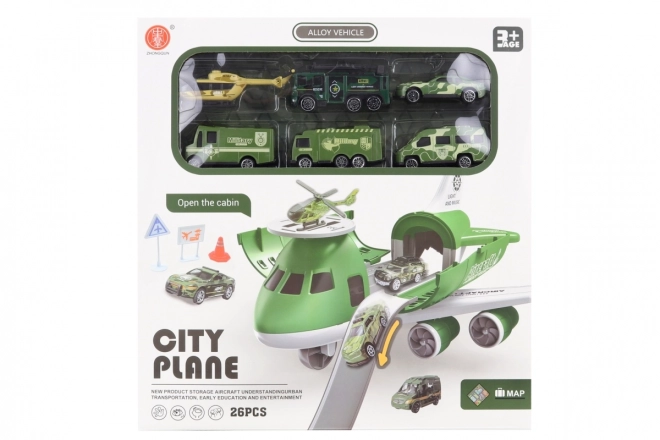 Flugzeug mit ausklappbarer Garage und Militärautos