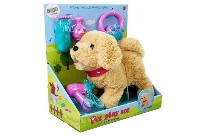 Plüsch-Hund mit Leine und Batteriebetrieb, Creme