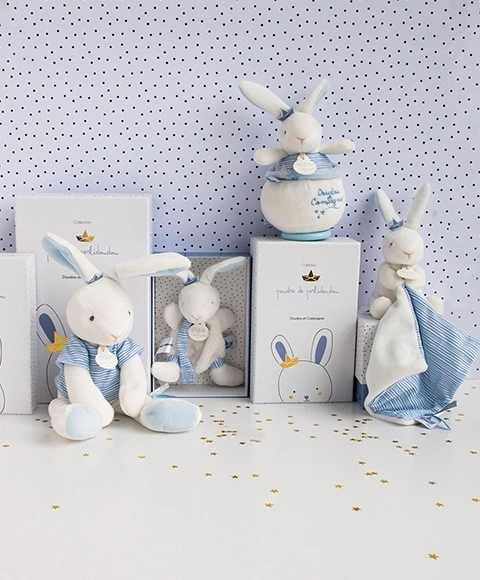 Doudou Geschenkset - Kuscheltier mit Schnullerhalter Hase 15 cm Blau