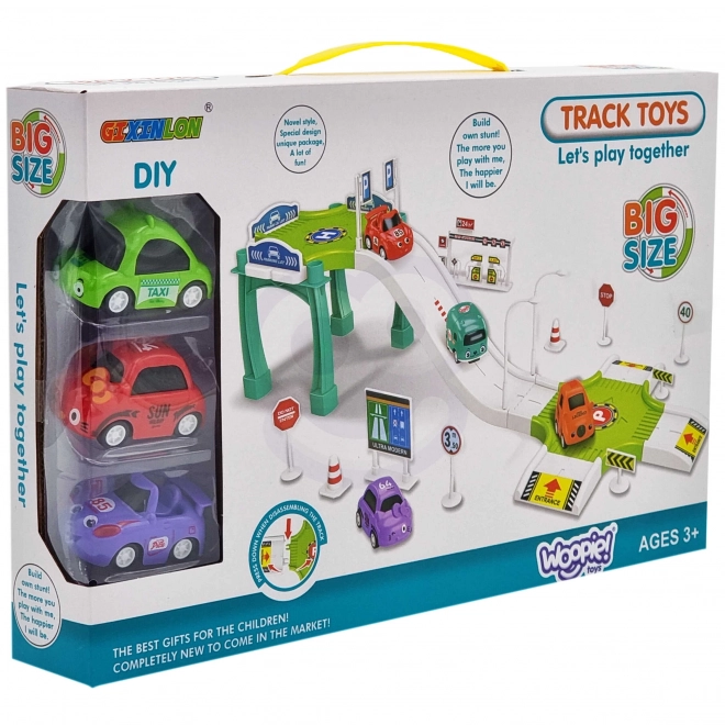 Woopie parkhaus mit tankstelle und spielzeugautos