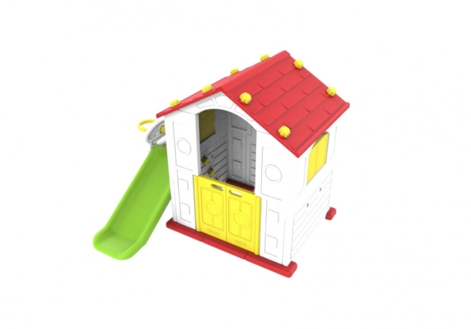 Kindergartenhaus mit rotem Dach, Rutsche und Basketball