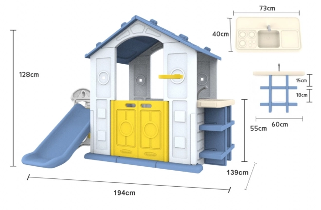 Haus mit Rutsche und Spülbecken blaue Dach