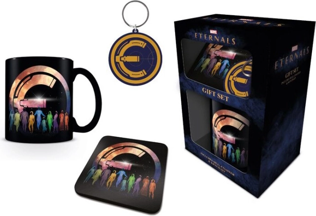 Geschenkset Eternals – Becher 310 ml, Schlüsselanhänger und Korkuntersetzer