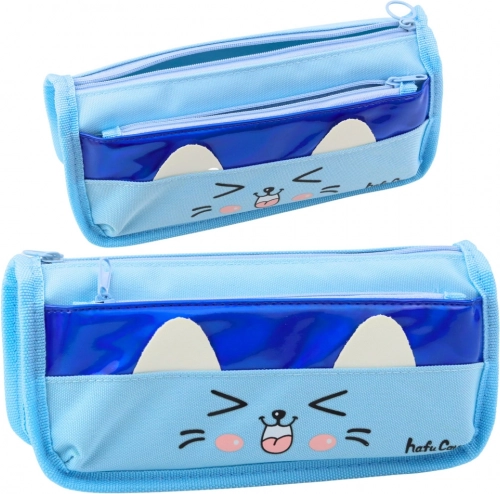 Federmäppchen mit zwei Fächern mit Katzenmotiv blau 22 cm