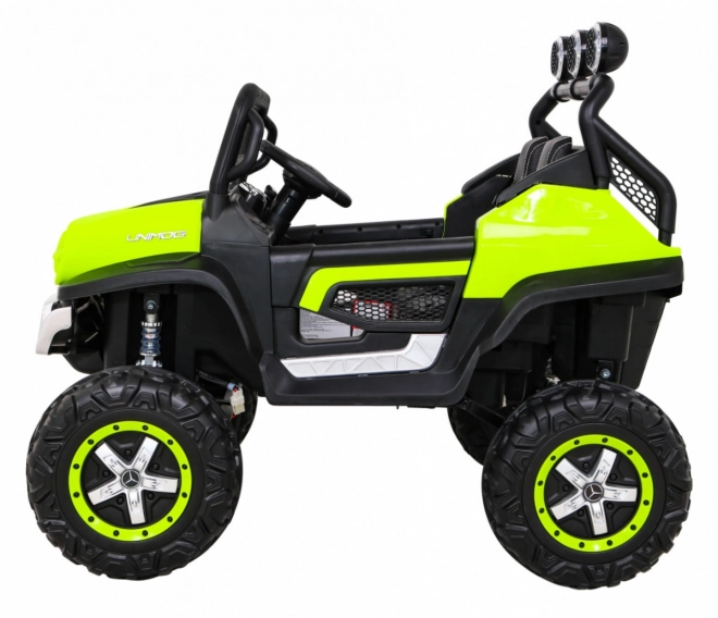 Mercedes Benz Unimog für Kinder Grün + Antrieb 4x4 + Fernsteuerung + Kofferraum + langsamer Start + MP3 LED