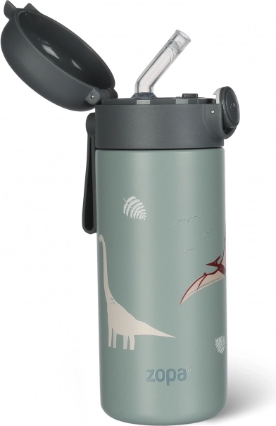 Thermoflasche für Getränke mit Trinkhalm und Silikonhalter 350 ml, Dino