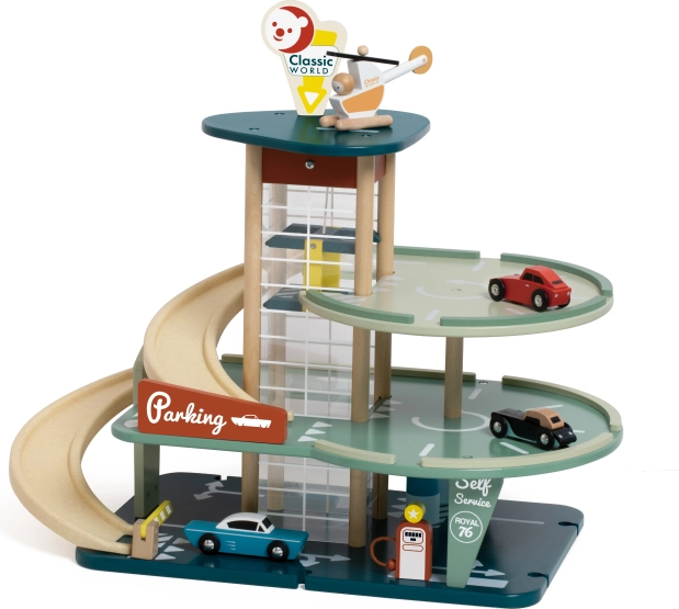 Mehrstöckiges Holzparkhaus mit Aufzug und Hubschrauber Classic World