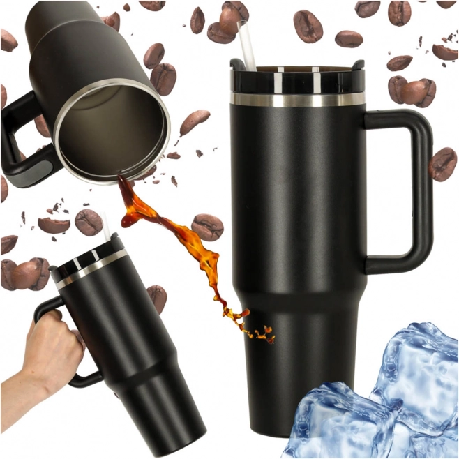 Thermobecher mit Strohhalm und Henkel 1200 ml schwarz