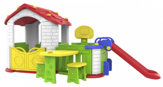 Großes Kinder-Gartenhaus 5 in 1 + Rutsche + Basketballkorb + Garten + Tisch + 2 Stühle, rotes Dach