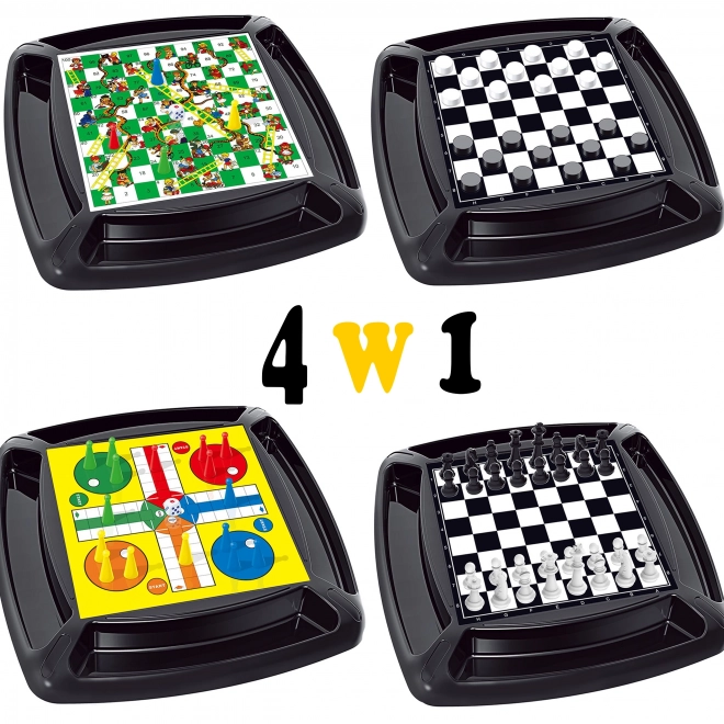 Woopie 4-in-1 Brettspiele Set: Dame, Schach, Mensch ärgere dich nicht, Leitern und Schlangen