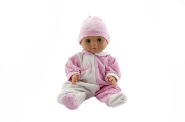 Süßes Hamiro-Baby mit festem Körper, weiß-rosa Overall und rosa Mütze