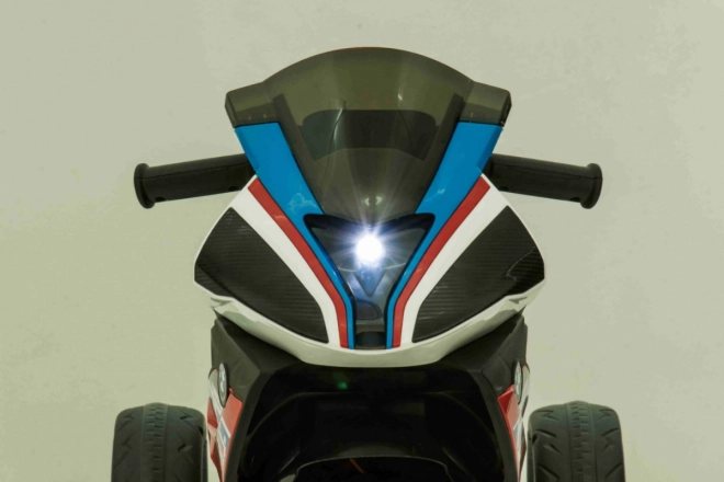 BMW HP4 Kinder Motorrad mit Batterie Blau + 3 Räder + LED + MP3 USB + Öko-Leder