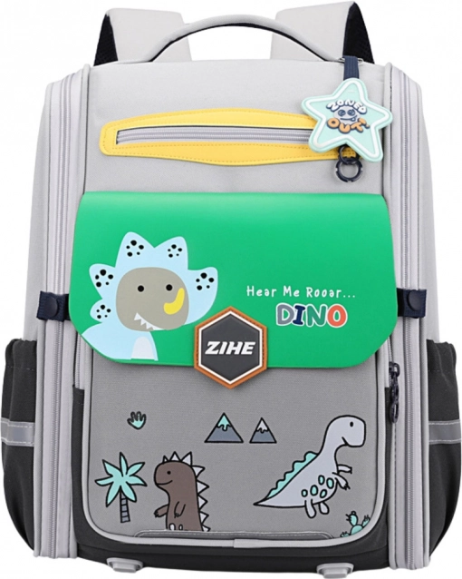 Schulrucksack mit Dinosauriermotiv mit Brustgurt graugrün 21L