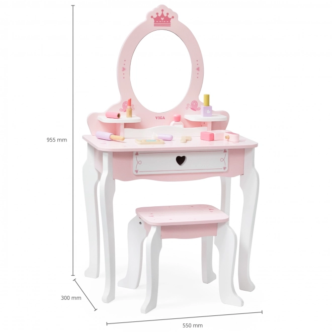 Viga großes Holz-Toilettenmöbel weiß-rosa mit Spiegel und Stuhl