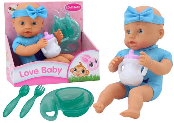 Puppe Baby mit Stirnband und Fütterungszubehör Blau