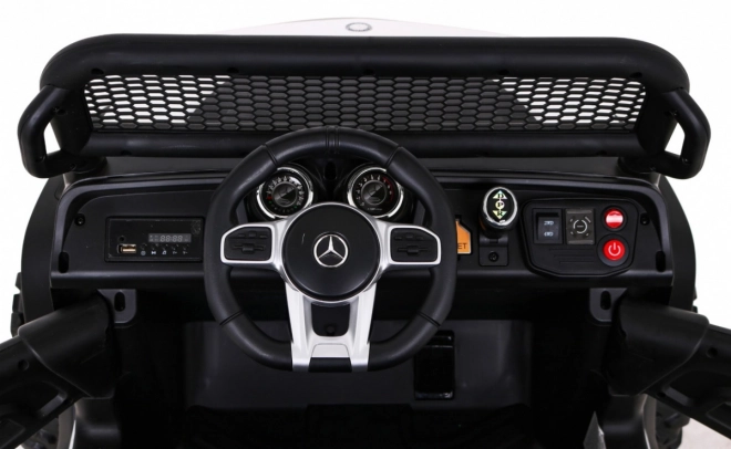 Mercedes Benz Unimog für Kinder Weiß + Antrieb 4x4 + Fernbedienung + Gepäckträger + langsamer Start + MP3 LED