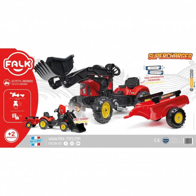 FALK Traktor Trettraktor 2030M Roter Supercharger Pedallader mit Anhänger