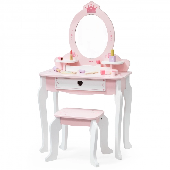 Viga großes Holz-Toilettenmöbel weiß-rosa mit Spiegel und Stuhl