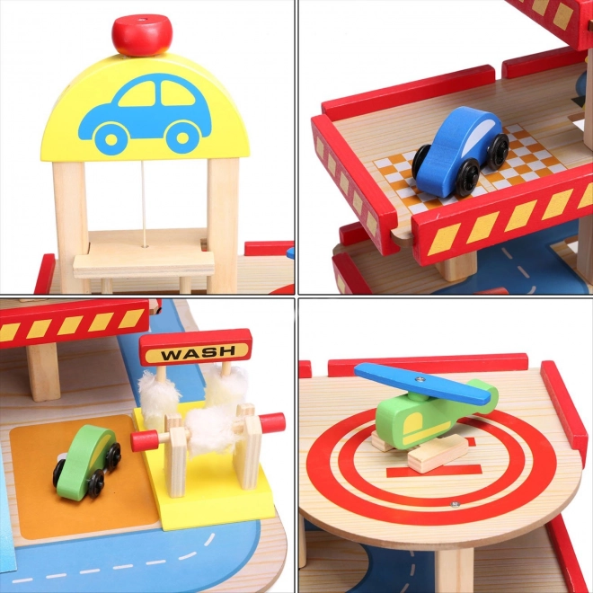 Große Holzgarage mit Lift und Autos