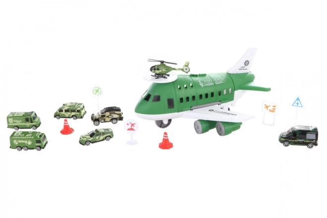 Flugzeug mit ausklappbarer Garage und Militärautos