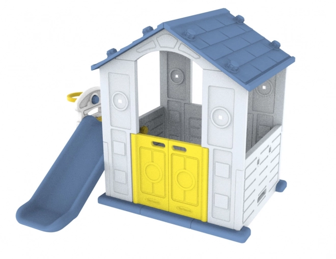 Gartenhaus 3-in-1 für Kinder mit blauem Dach, Rutsche und Basketballkorb