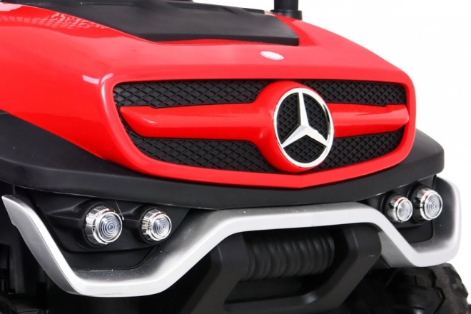 Mercedes Benz Unimog für Kinder Rot + 4x4 + Fernbedienung + Gepäckträger + sanfter Start + MP3 LED