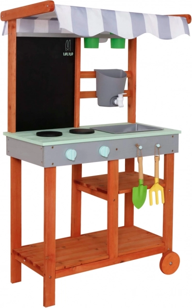 Holzküche für den Garten auf Rädern mit Zubehör und Wasserhahn Lulilo Sableto
