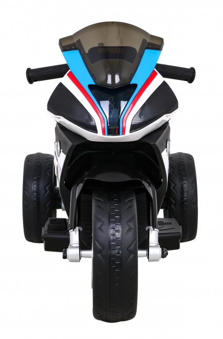 BMW HP4 Kinder Motorrad mit Batterie Blau + 3 Räder + LED + MP3 USB + Öko-Leder