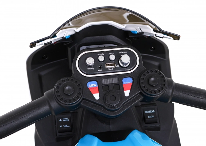 BMW HP4 Kinder Motorrad mit Batterie Blau + 3 Räder + LED + MP3 USB + Öko-Leder