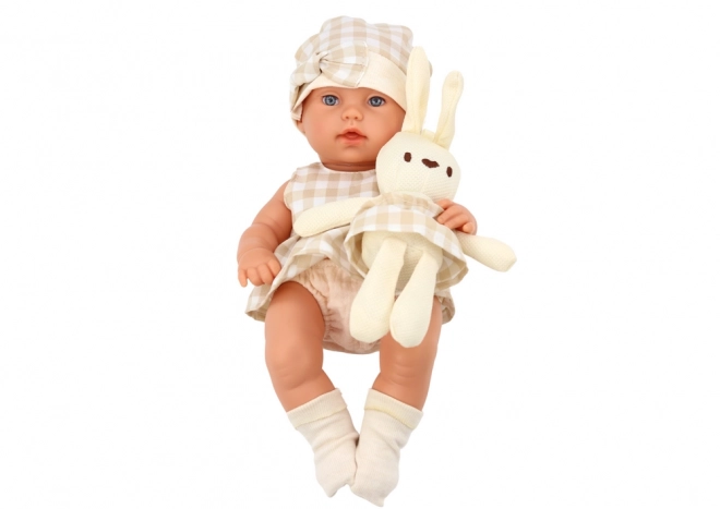 Baby Puppe Mit Tragesitz Häschen Karo Outfit Beige